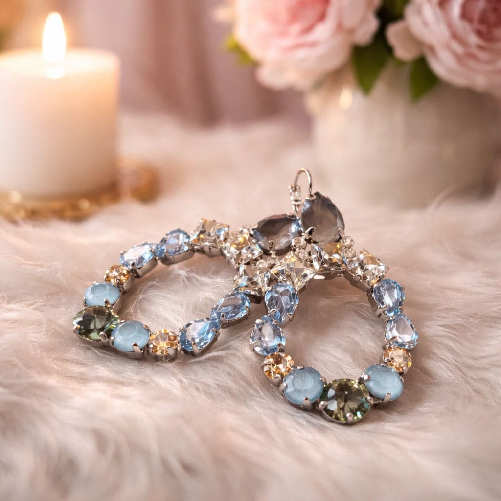 Barletta Bleu Silver Swarovski oorbellen, De oorbellen zijn gemaakt van brons, ondergedompeld in zilver, roségoud of goud. Deze metalen zijn hypoallergeen en nikkelvrij , waardoor iedereen het kan dragen. De stenen zijn van het originele merk Swarovski