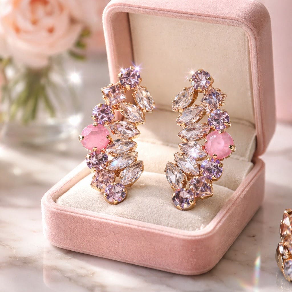 Moon oorbellen pink rosé met Swarovski kristallen in roségoud - maan-geïnspireerd design met roze en heldere stenen